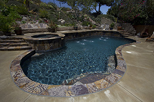 This homeowner went with a dark color palette and varied flora for a natural stone look. NPT StoneScapes Midnight Blue pool finish with abalonean transports swimmers to a hidden getaway.