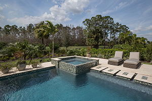 This patterned tile mixed with NPT's Jewelscapes Pearl finish, make for a beautiful eyecatching combination. This pool also featured stepping stones boarded with the mixed tile to give your eye direction back to the main focus, the hot tub.