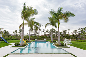 This geometric pool's featured include a large tanning ledge, inset spa, palm trees, and raised bond beam with cascading water, creating a resort-like feel in this beautiful backyard.