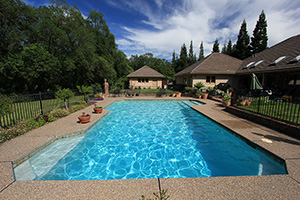 Here's an interesting twist on the classic rectangle shape; this pool has an extra section added for the steps and an extended ledge. The addition of plants around the pool and the cool blue NPT StoneScapes Salt and Pepper finish make this pool area extra enticing!